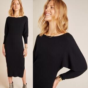 Anthropologie Shea Ribbed Rib Knit Sweater Midi Dress Black Boat Neck Small